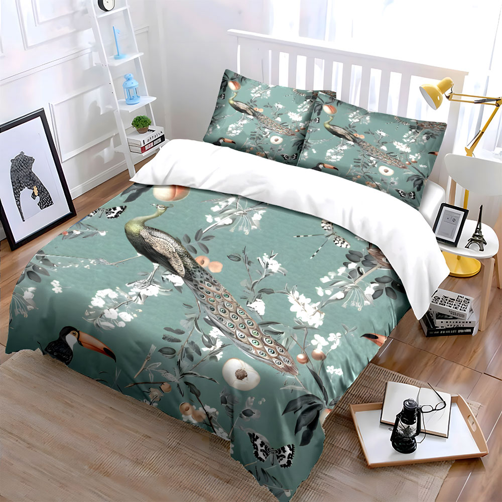 3PC Peacock Toucan Floral Bedd - Aesthetic Floral Duvet Cover recension och pris
